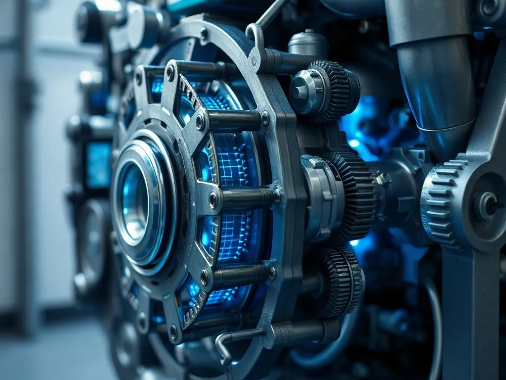 Close-up of a high-tech mechanical engine with glowing blue
