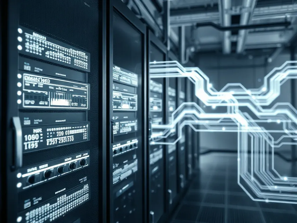 Technical schematic of a server rack with glowing data lines