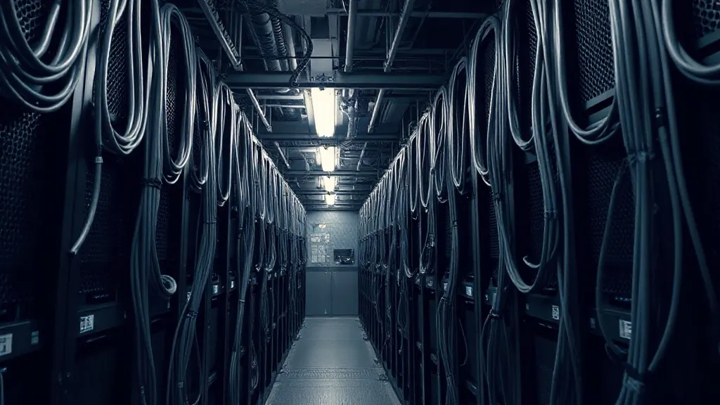 Industrial data server room with cables and steel structures