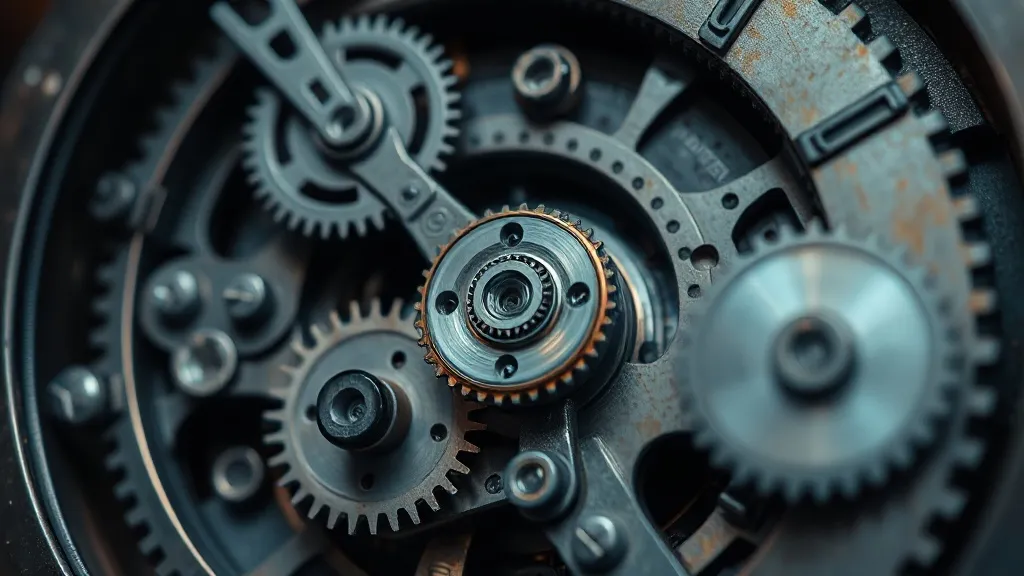 Macro photography of a mechanical clockwork, focus on gears