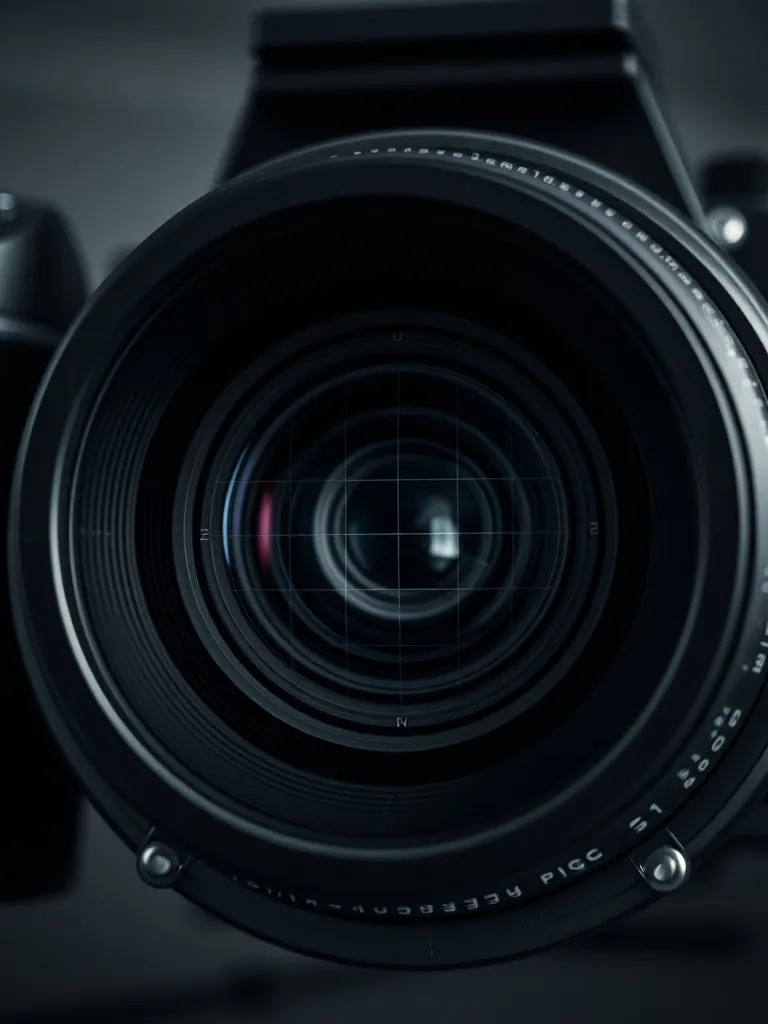 High-tech industrial camera lens close-up with digital grid